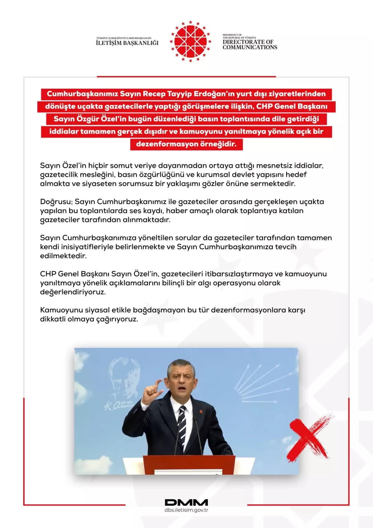 Dezenformasyonla Mücadele Merkezi'nden açıklama: Özgür Özel'in iddiaları gerçek dışı