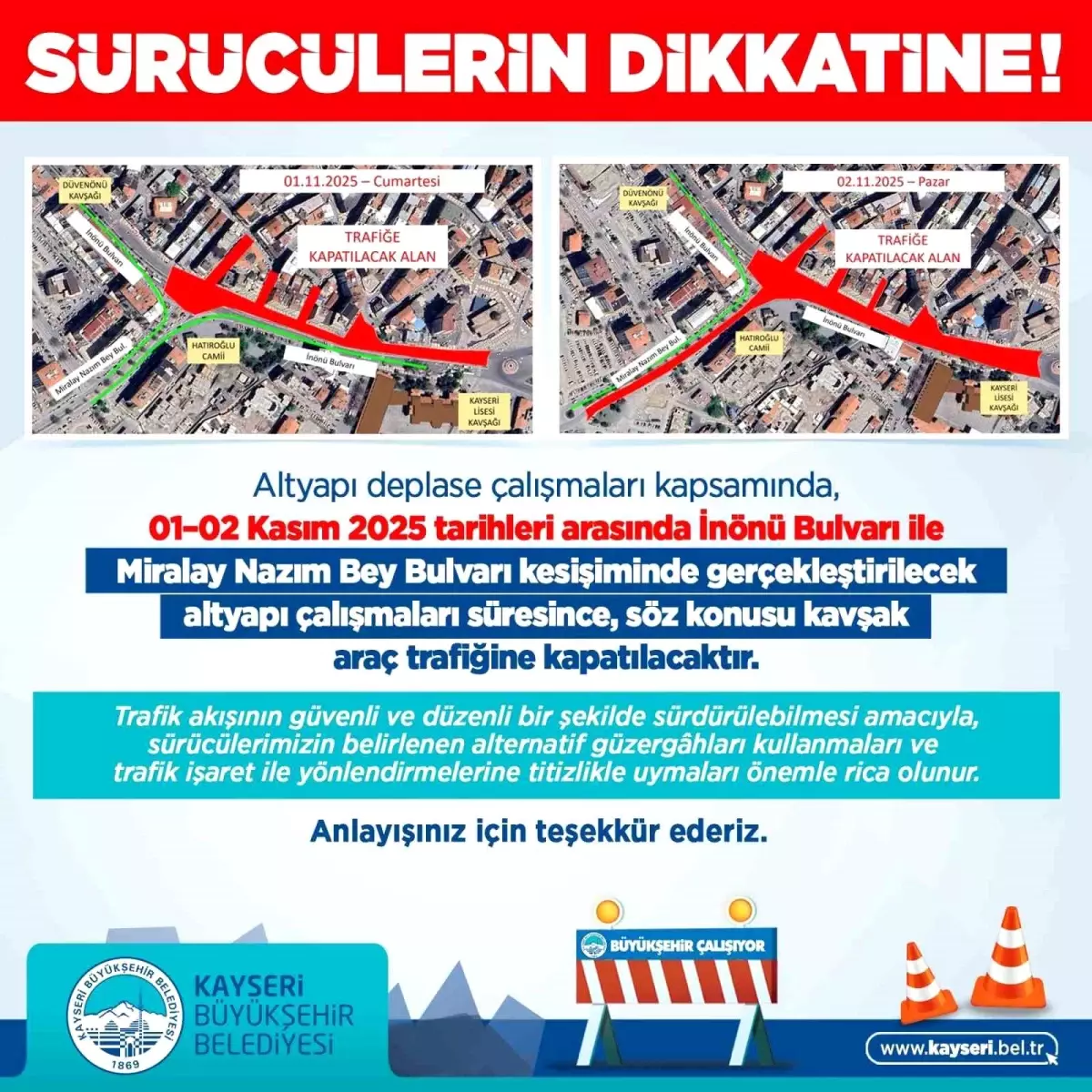 Kayseri'de Altyapı Çalışmaları Nedeniyle Kavşak Trafiğe Kapatılacak